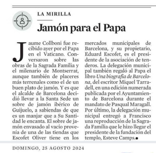El jamón de Hernández Jiménez que llegó al Vaticano con el alcalde de Barcelona