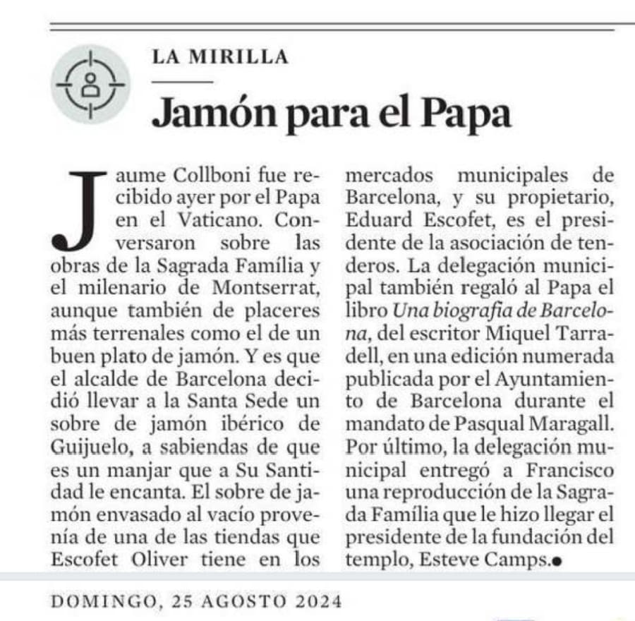 El jamón de Hernández Jiménez que llegó al Vaticano con el alcalde de Barcelona