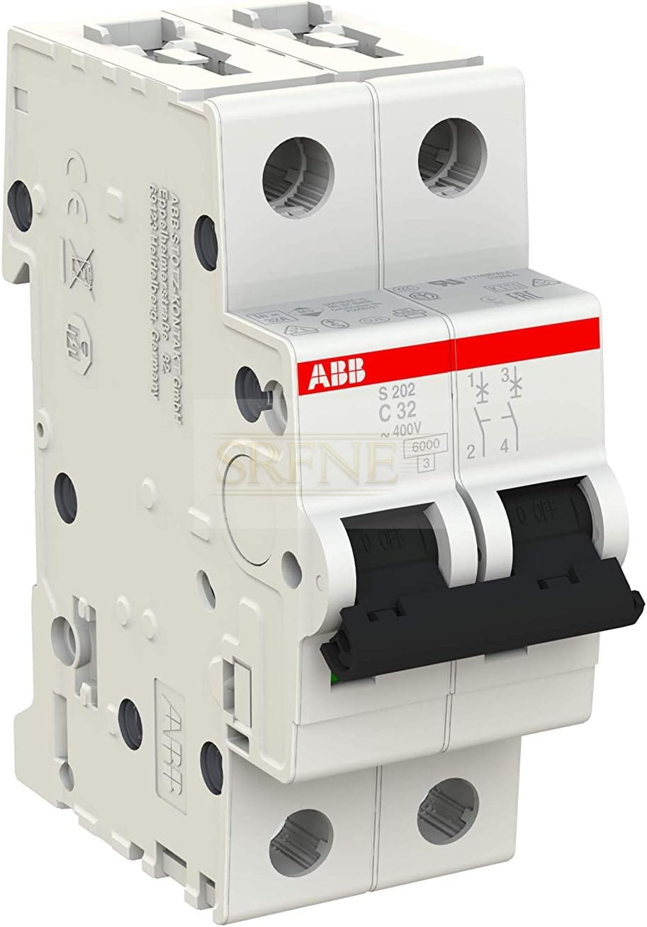 ABB S202-C32 Miniature Circuit Breaker, 2 Pole, Type C, 610kA Breaking Capacity, 32 Amp Current (2CDS252001R0324)