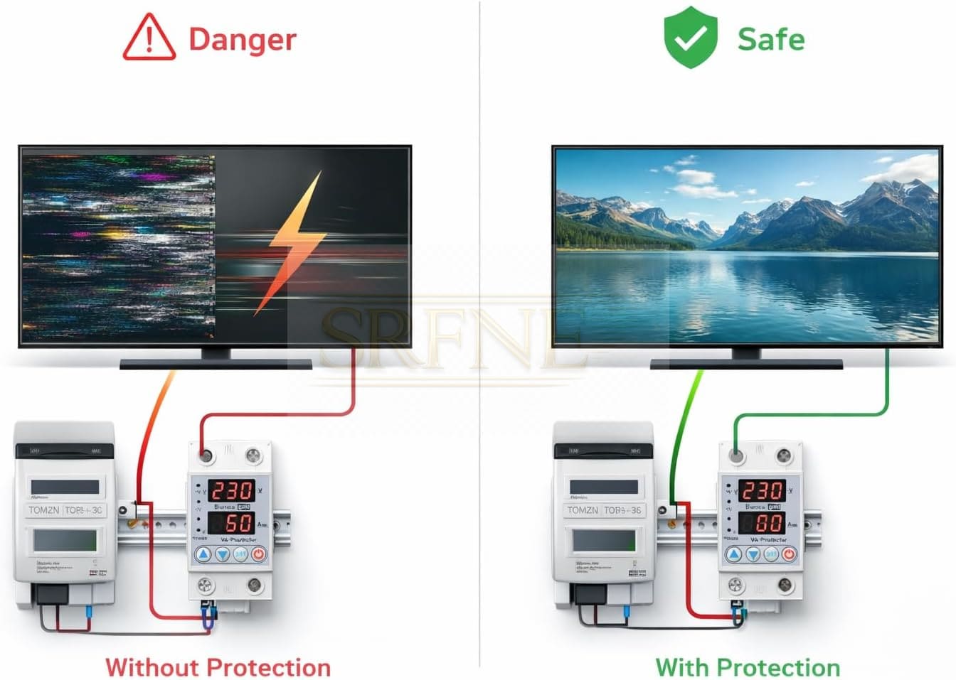 Electrical Protector with 2 Volt and Amp Displays – 80 VA – Protect Devices from Electricity Fluctuations – LED Digital Display – Compatible with Home Appliances – SP3-80VA