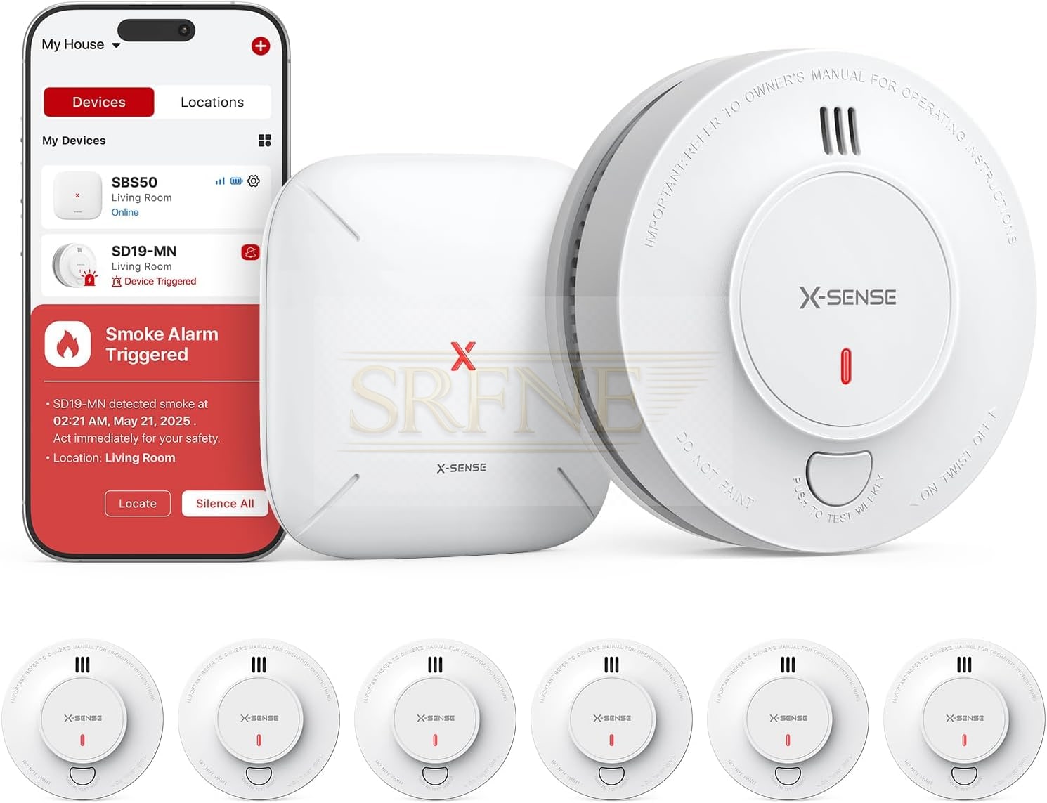 X-Sense 6 x Smart WiFi Smoke Detector with 10 Year Battery and SBS50 Base Station, Photoelectric Networkable Wireless Fire Alarm SD19-MN61