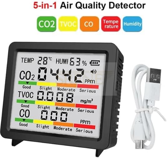 5 in 1 CO2 Monitor,Volatile Organic Compound Monitor,Carbon Monoxide Monitor with Temperature and Humidity Sensor,Portable Gas Monitor