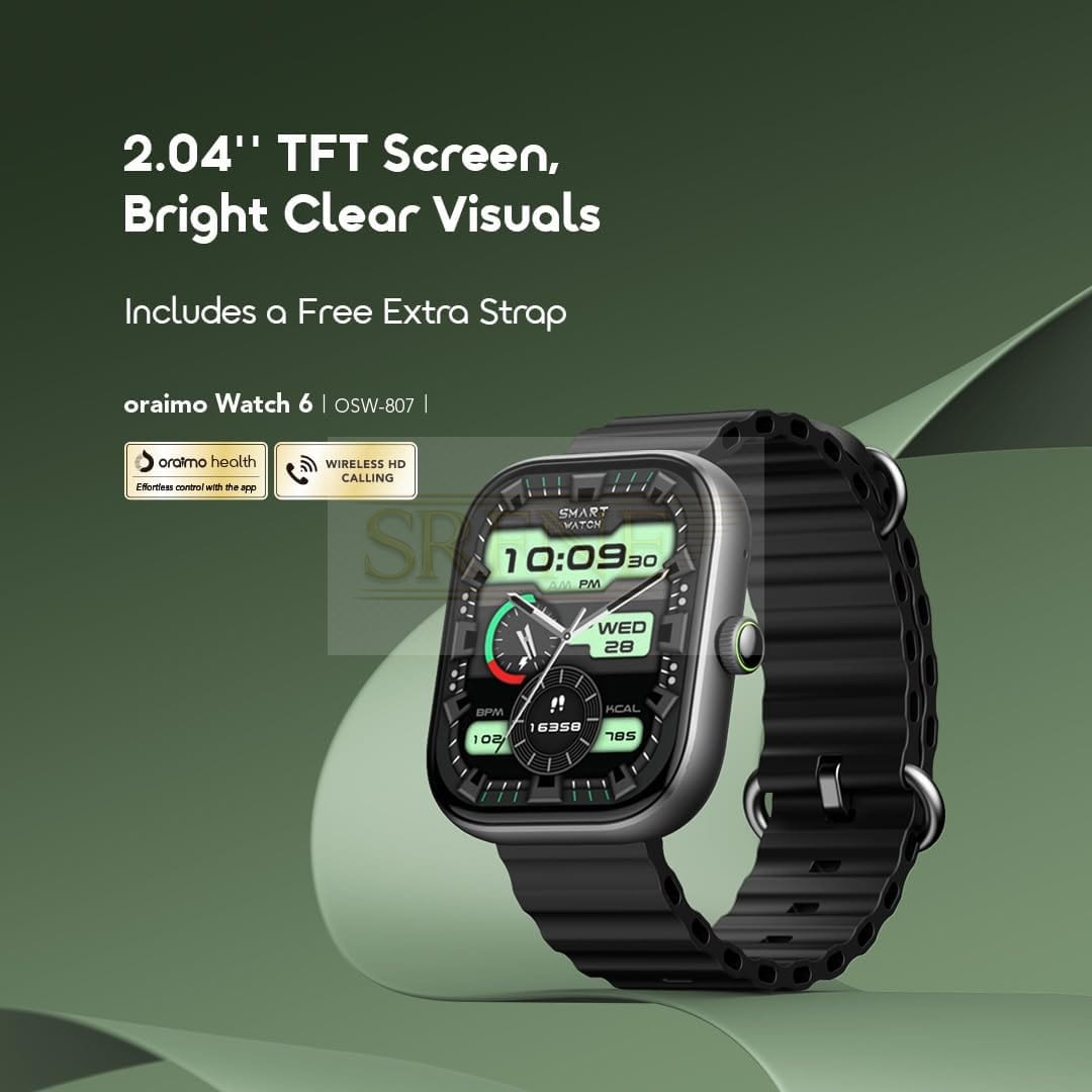 Oraimo Watch 6 OSW-807, 2.04 HD Display, Bluetooth 5.3 Calling – Black