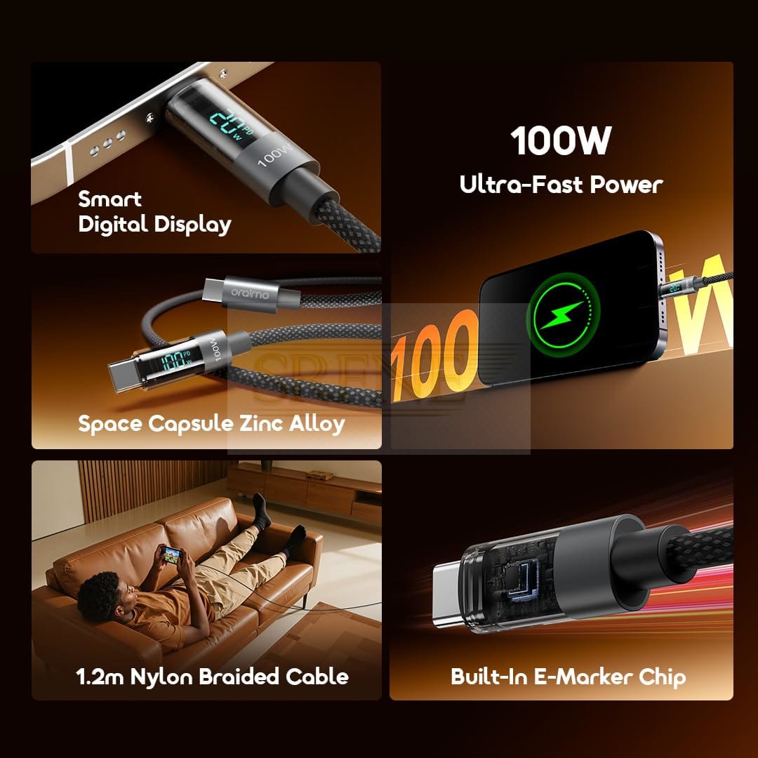 Oraimo OCD-175CC USB-C to USB-C Cable, 100W Fast Charging, 1.2M – Black