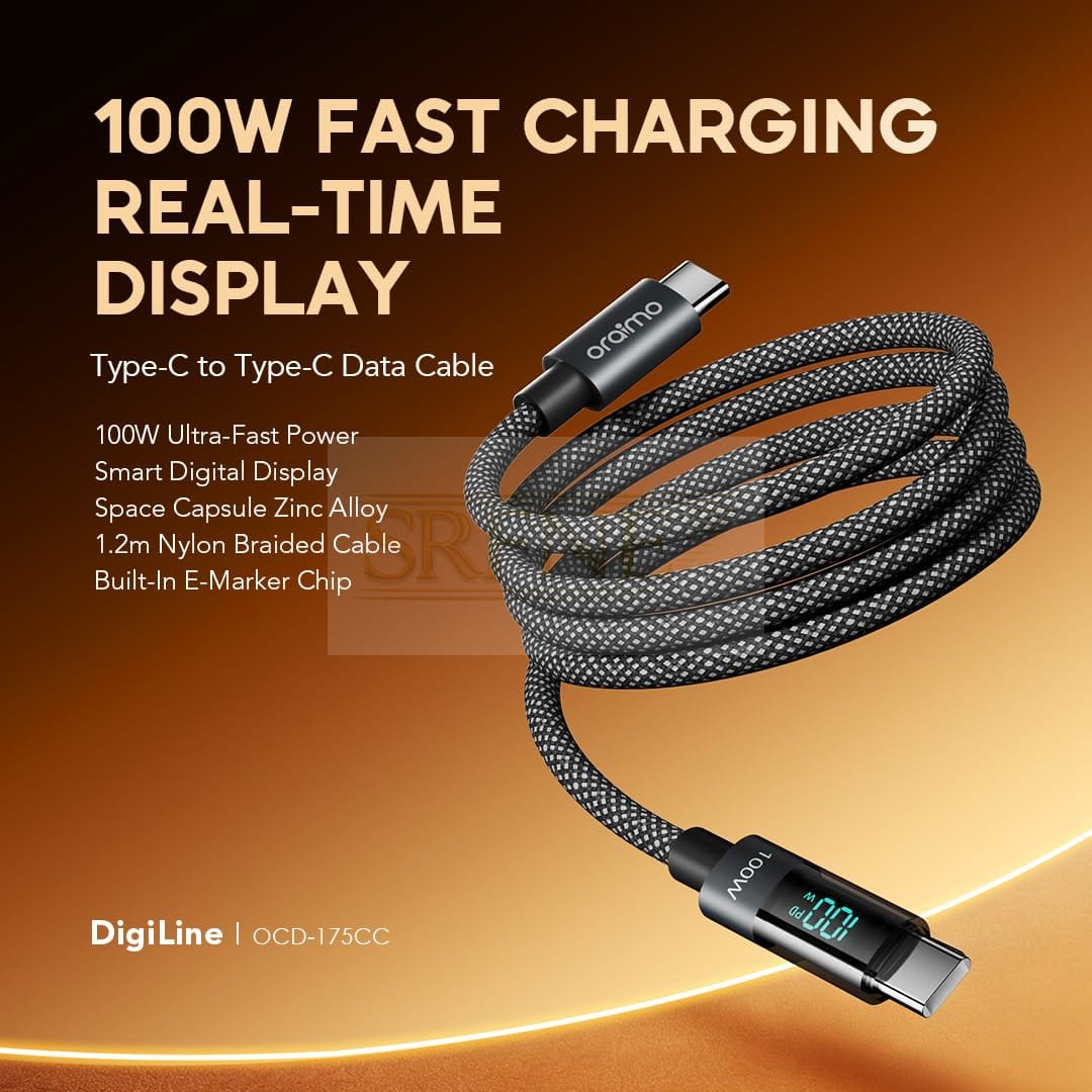 Oraimo OCD-175CC USB-C to USB-C Cable, 100W Fast Charging, 1.2M – Black
