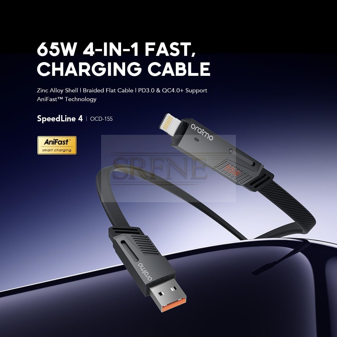 Oraimo OCD-155 4-in-1 Charging Cable, 65W PD, 480Mbps, 1M – BlackGrey