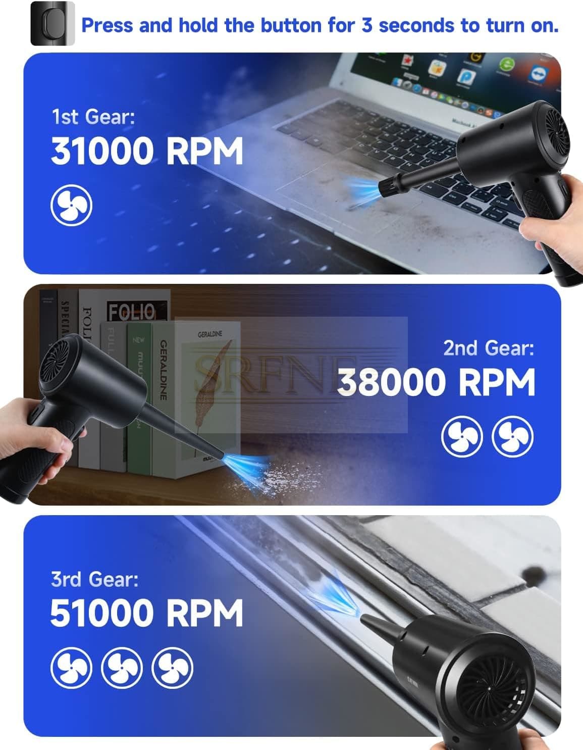 Compressed Air Duster,3-Gear to 51000RPM Electric Air Duster Portable Air Blower with LED Light, 6000mAhRechargeable Cordless Air Duster for Computer Keyboard Fast Charge