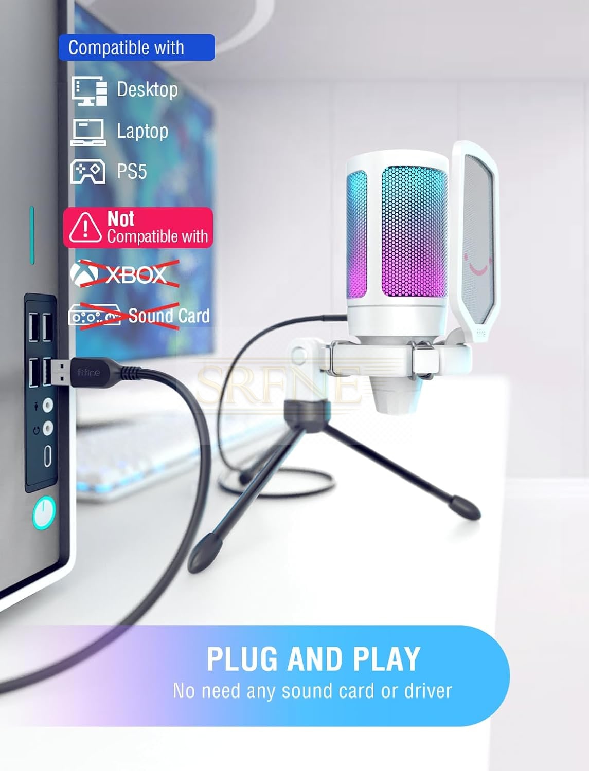 AmpliGame USB Microphone, PC Gaming Recording Desktop Laptop Mic, RGB Streaming Podcasting Condenser Mic for Online Game, Zoom, Vocal, with Mute Button, Gain Knob, Anti-Vibration, Tripod Stand