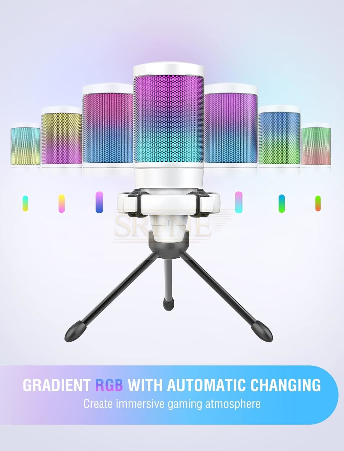 AmpliGame USB Microphone, PC Gaming Recording Desktop Laptop Mic, RGB Streaming Podcasting Condenser Mic for Online Game, Zoom, Vocal, with Mute Button, Gain Knob, Anti-Vibration, Tripod Stand