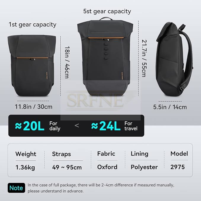 MARK RYDEN Five Types Capacity Adjustment, Casual Backpack with Top Flap, 20-24 L, [YKK Zip] Casual Travel Business Backpack, Hydrophobic Fabric, Suitable for 17 Inch Laptop Computers, black, Backpack