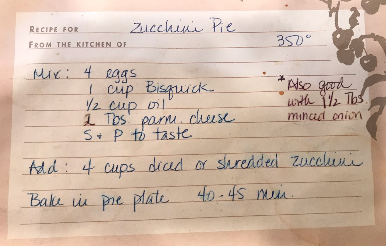 A recipe for zucchini pie.