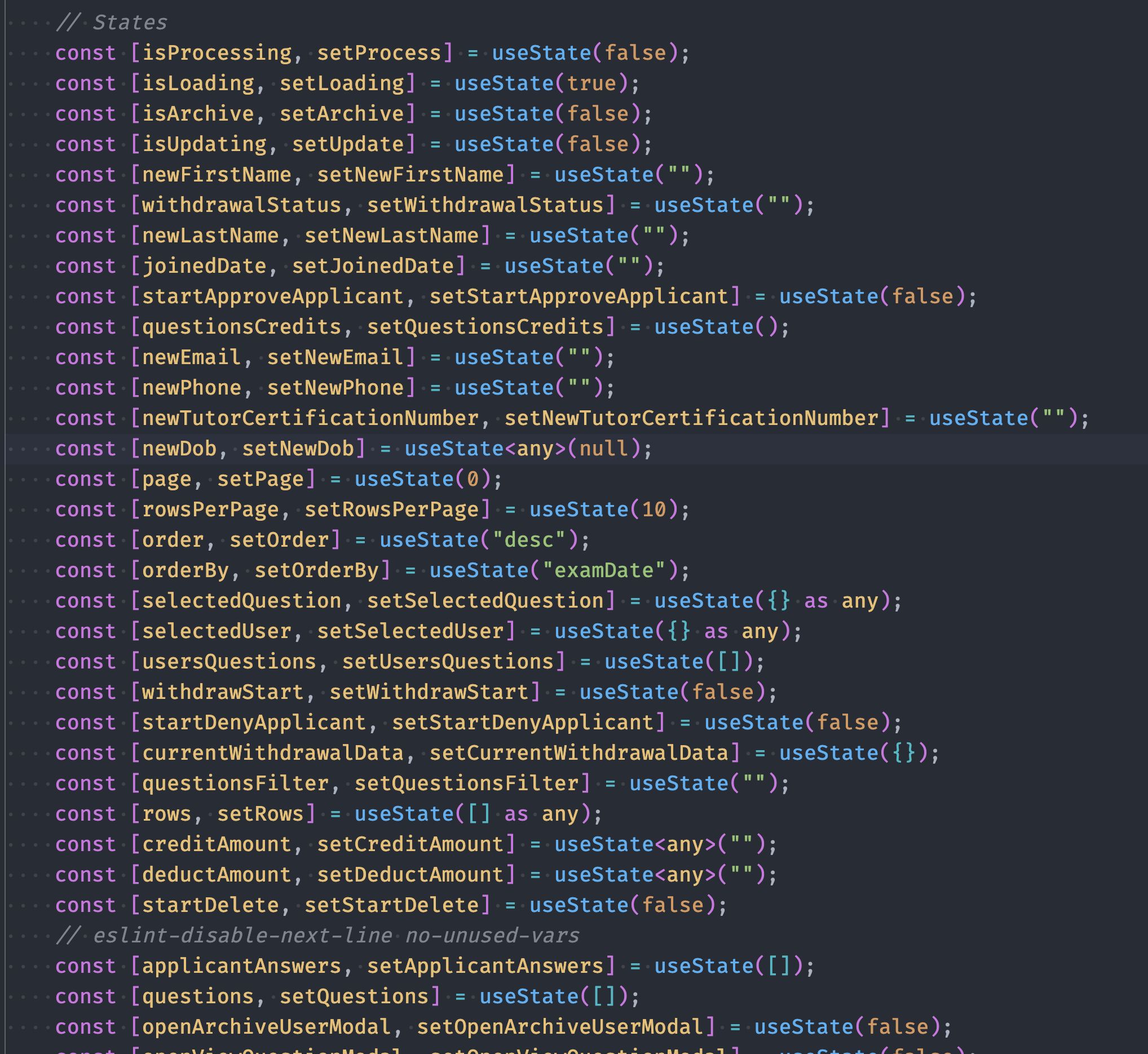 One component managed 15 independent states with useState, lacked error handling, and had disabled ESLint rules