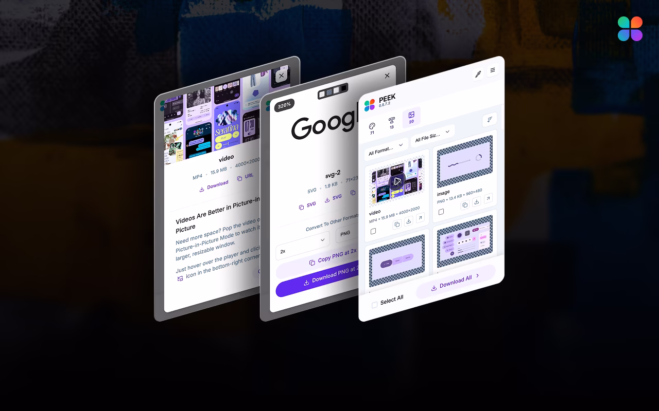 Peek Chrome extension Assets tab extracting all images and SVG from website with clean SVG export for Figma compatibility