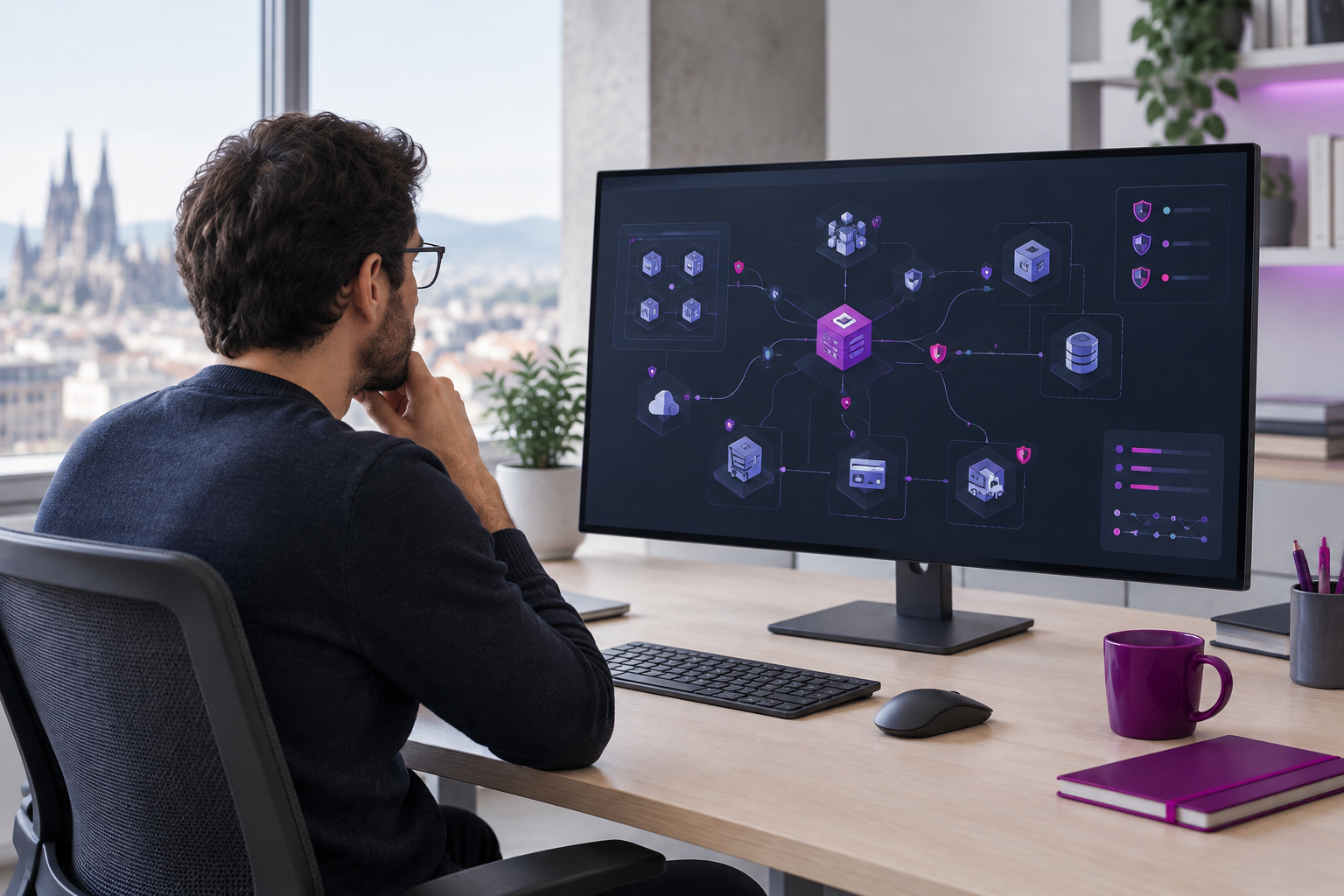 Especialista revisando un mapa de dependencias y seguridad de una tienda online