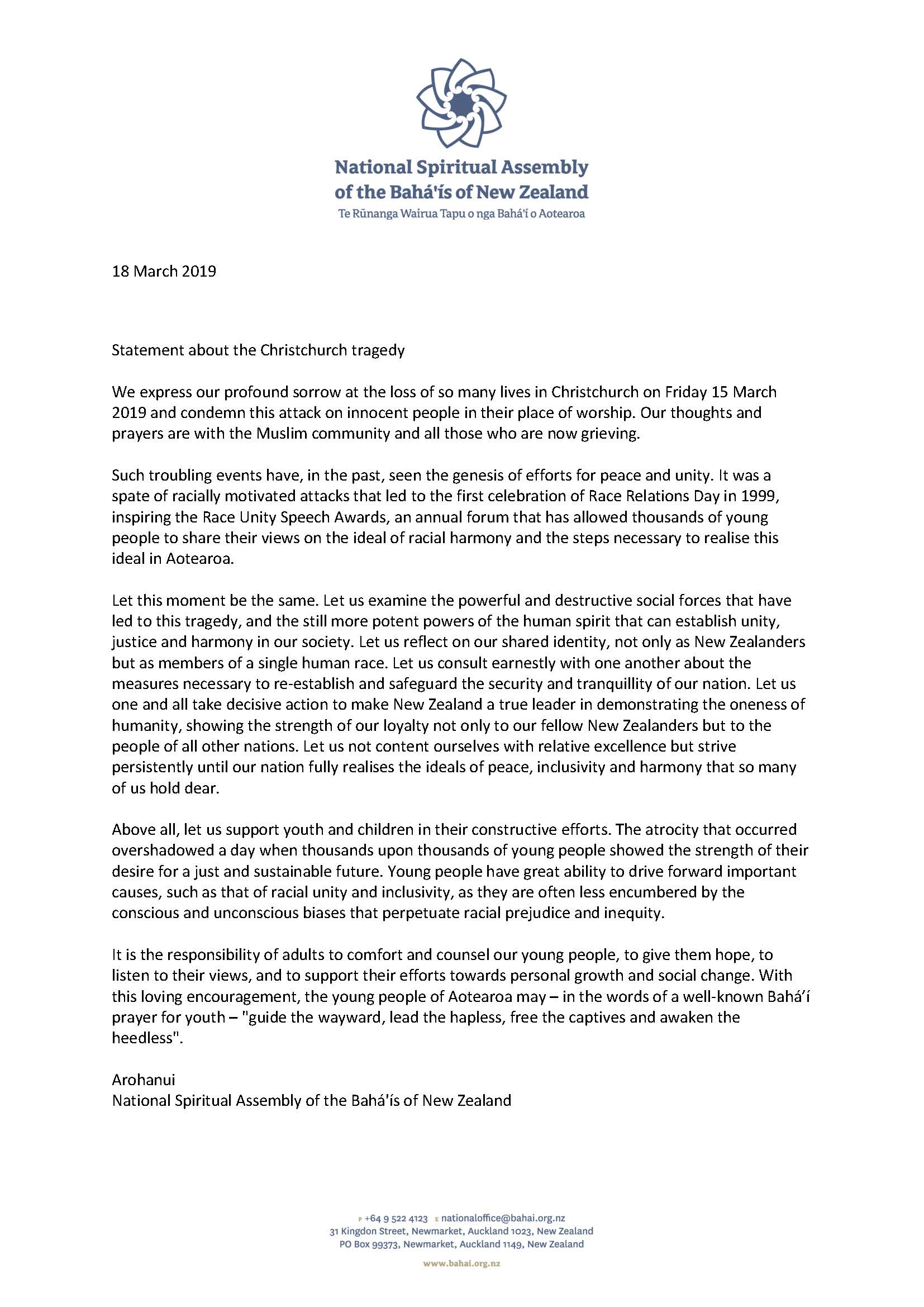 Public statement by the national spiritual assembly of new zealand march 2019