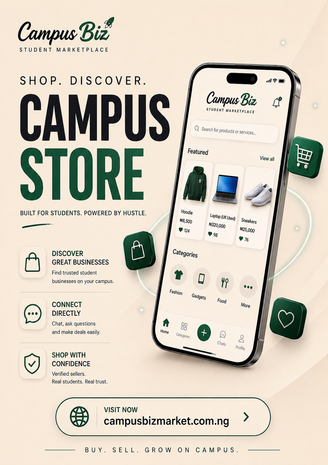 Campus Biz student marketplace app screenshot showing featured products, categories and search
