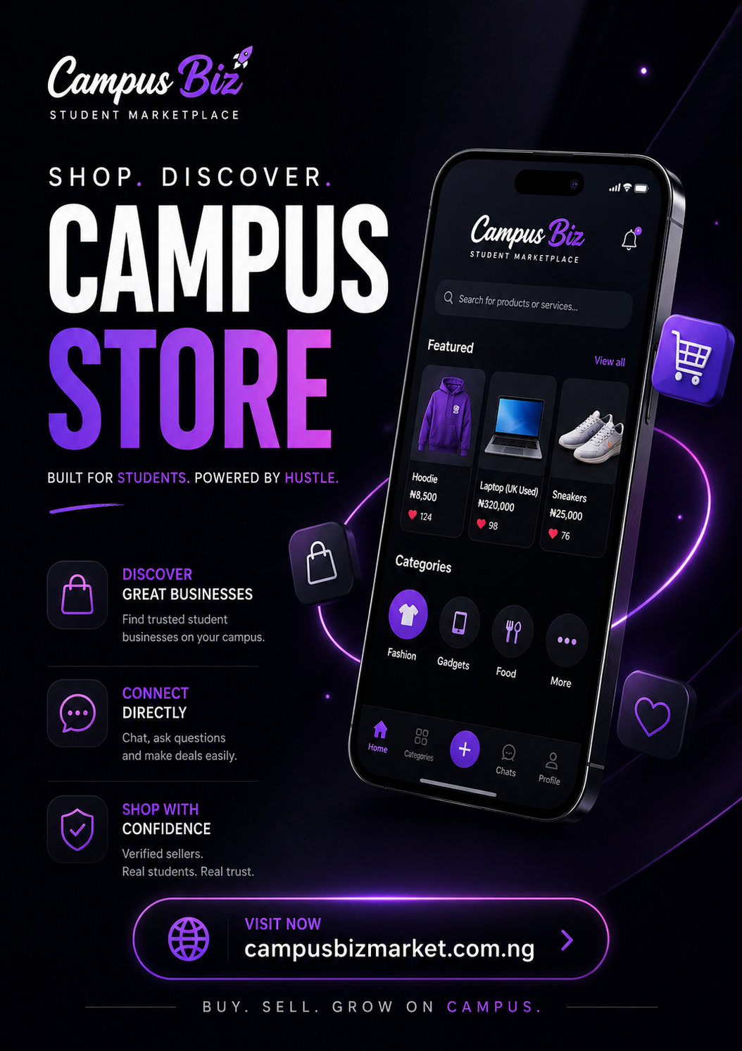 Campus Biz student marketplace app dark mode screenshot showing featured products and categories