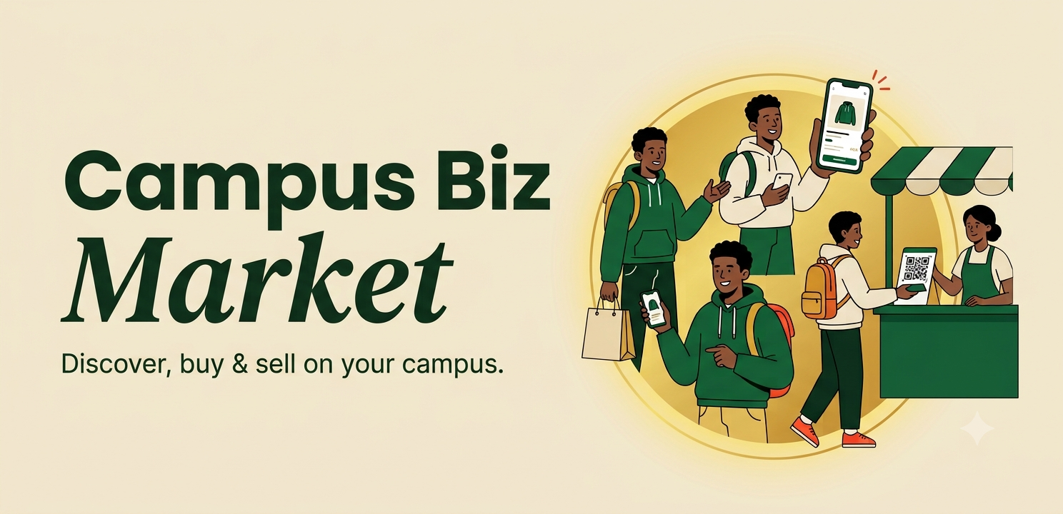 Campus Biz Market marketing banner featuring student illustrations