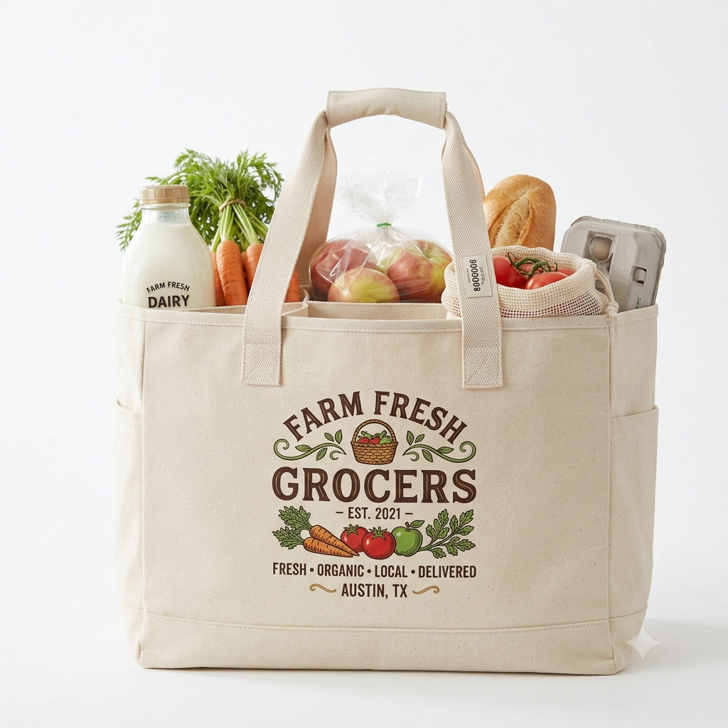 Custom Printed 6-Compartment Grocery Tote Bag | Premium Reusable Farmers Market Bag