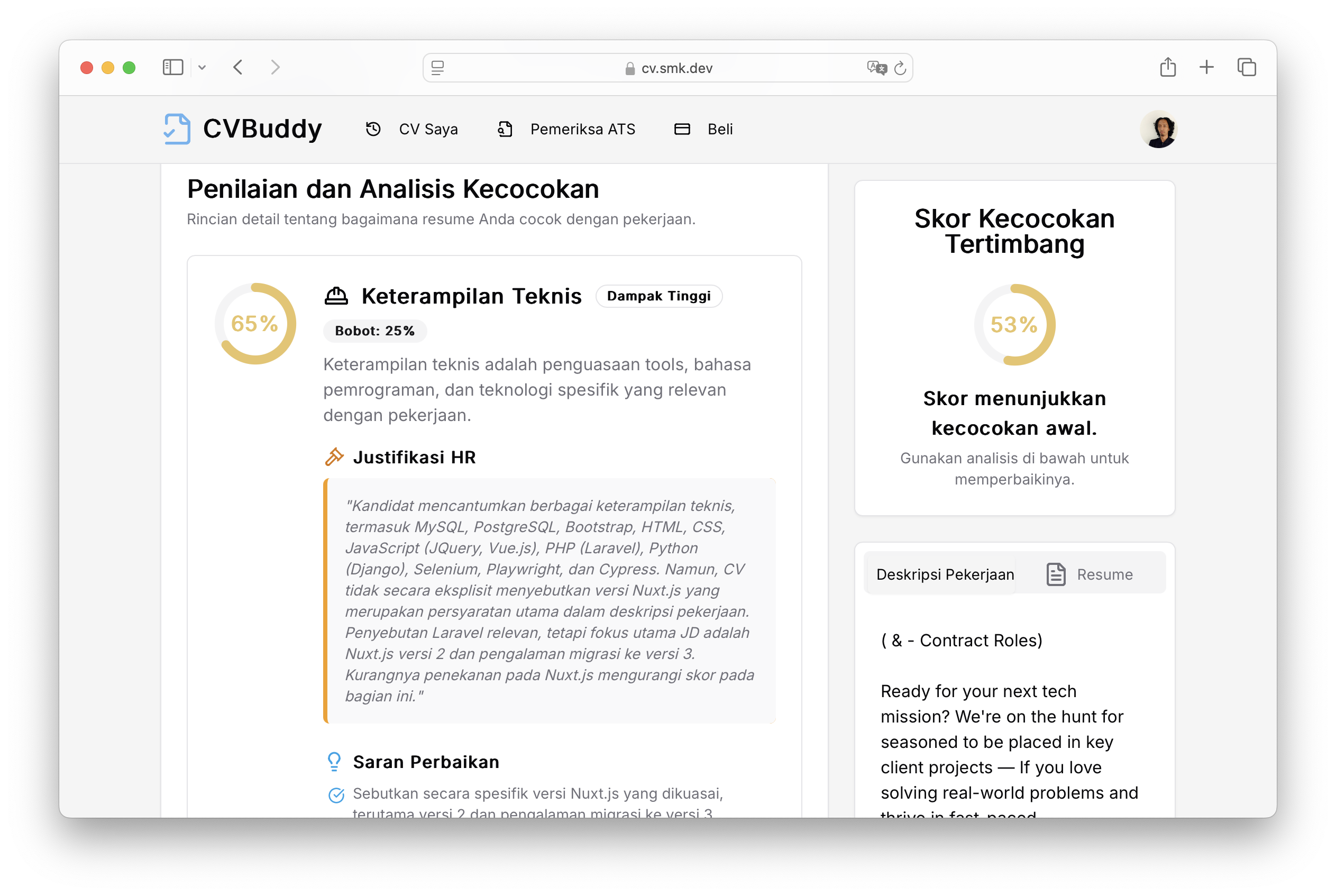 Analisis perbandingan CV dengan deskripsi pekerjaan