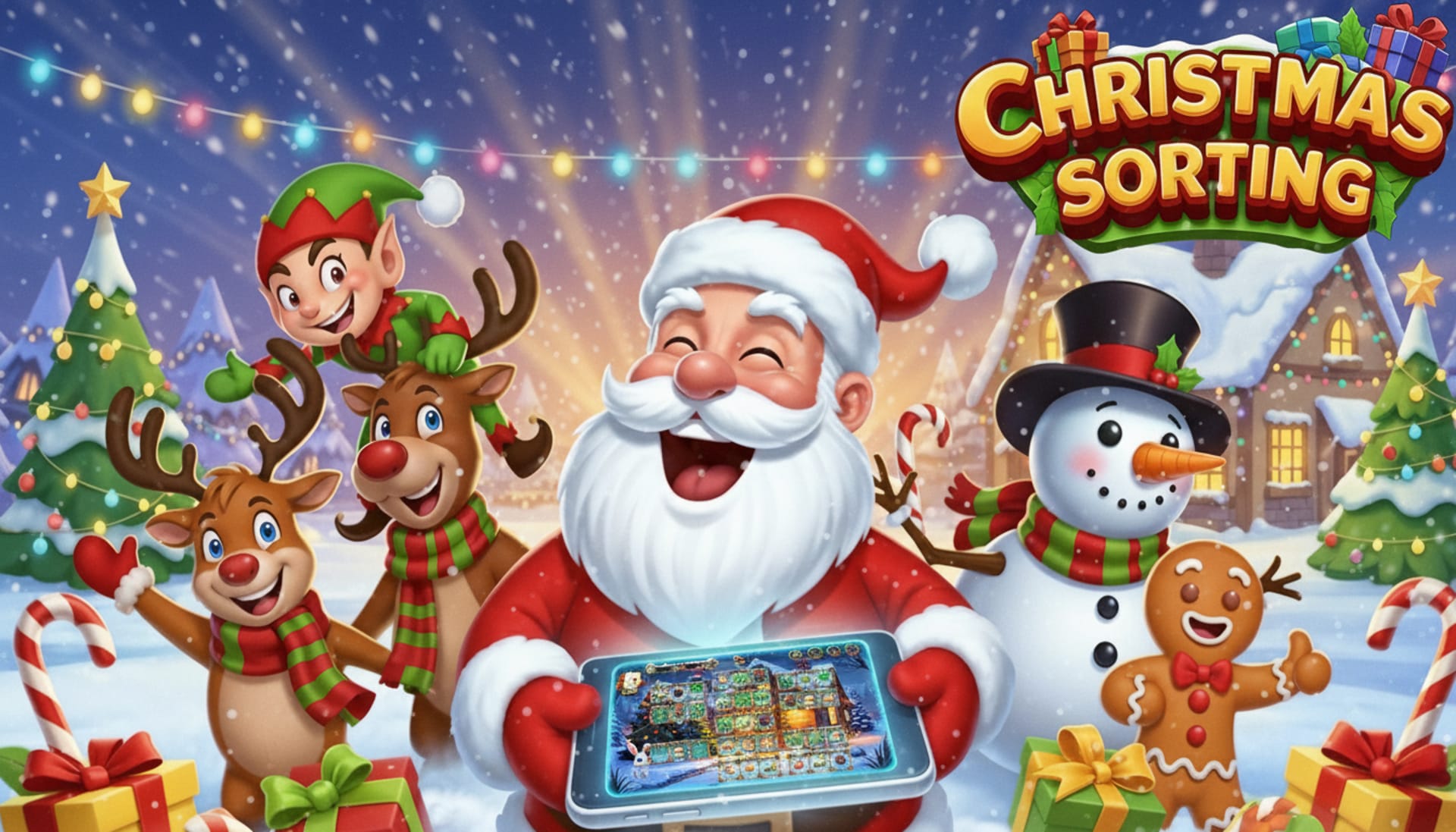 Play Christmas Sorting online free - a festive Match-3 puzzle browser game with colorful gifts.