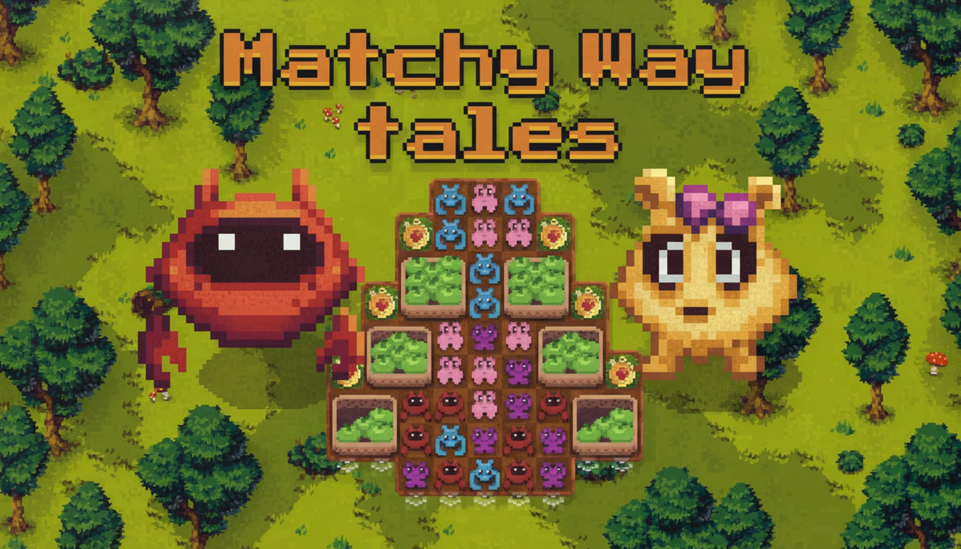 Play Matchy Way Tales online free - a chill puzzle game with retro pixel art aliens on a match-3 board.