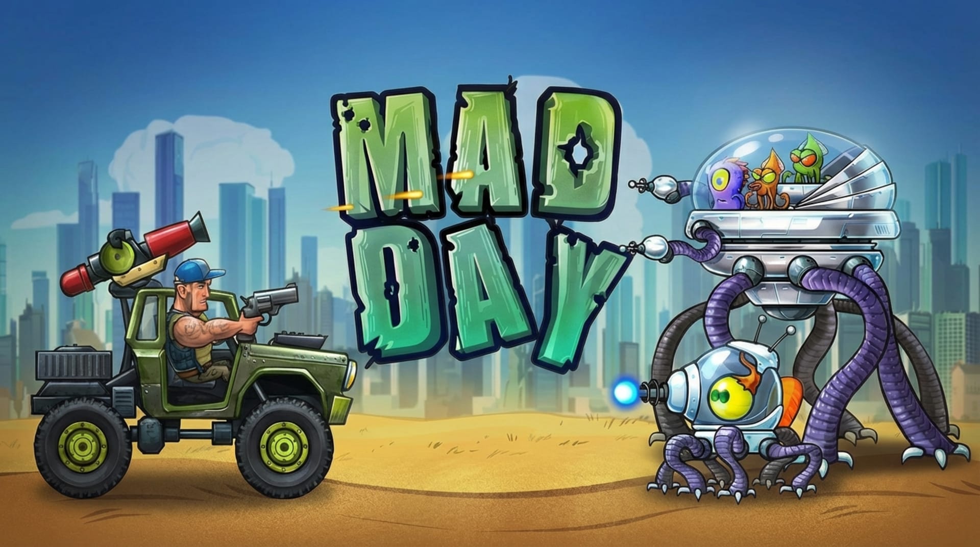 Play Mad Day Special online free, an action browser game where you drive and shoot aliens to rescue your octopus.