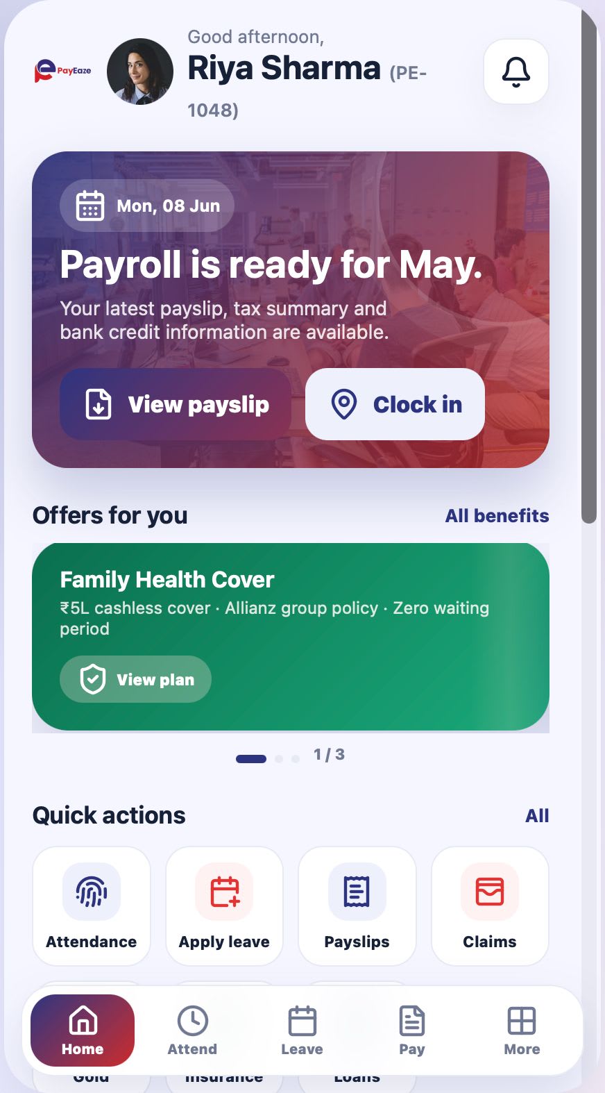 Payeaze India mobile app — home dashboard