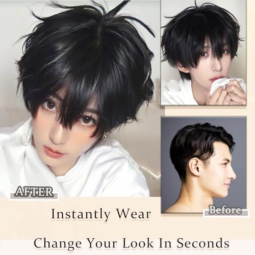 Vue 3 de Anime Perruque Noir Pour