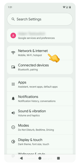Android settings menu with “Network & internet” highlighted