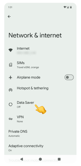 Network & internet settings with “Data Saver” option highlighted