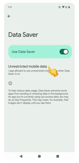 Data Saver screen with “Unrestricted mobile data” option highlighted
