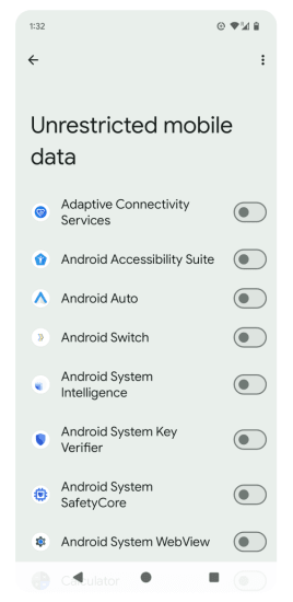 List of apps with toggles for unrestricted mobile data access