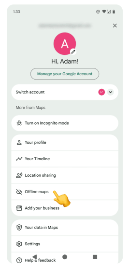 Google Maps account menu with Offline maps option highlighted