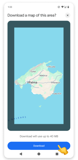 Map download prompt showing selected area with Download button highlighted