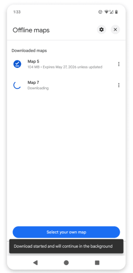 Offline maps screen showing a map currently downloading in the background