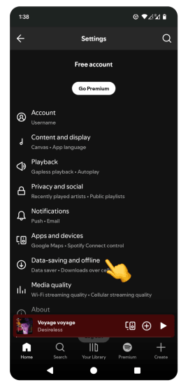 Spotify settings screen with Data-saving and offline option highlighted