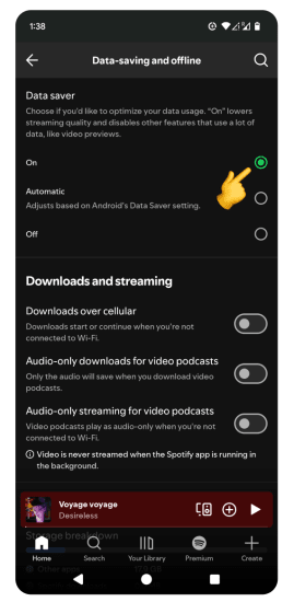 Spotify Data-saving and offline settings screen with Data saver – On option selected