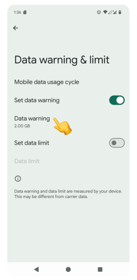 Data warning & limit screen with current data warning value highlighted