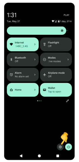 Android quick settings screen with gear icon highlighted to open full settings