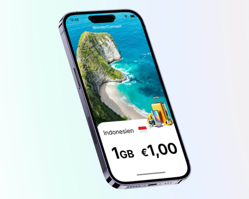 Smartphone-Bildschirm zeigt ein eSIM-Angebot für Indonesien – 1 GB für 1 Euro