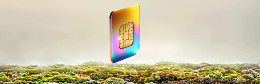 Eine glänzende, regenbogenfarbene Karte, die eine eSIM symbolisiert, schwebt über grünem Moos vor einem sanften, neutralen Hintergrund – im Einklang mit moderner Konnektivität und Natur.