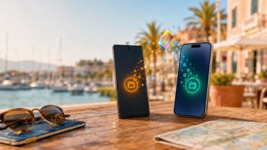 Android and iPhone side by side with a SIM card transferring data between them.