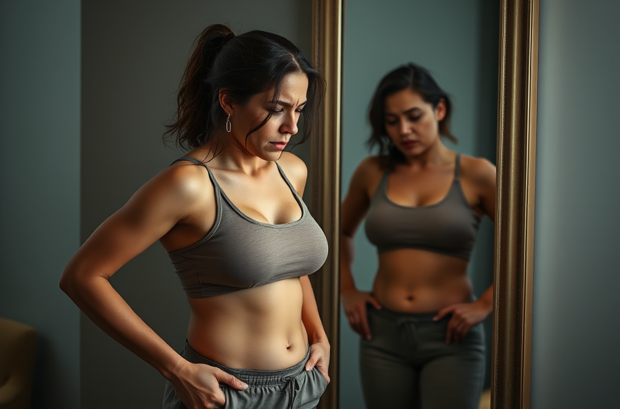 a tired woman in tight clothes looks frustrated in front of a mirror weight management struggles