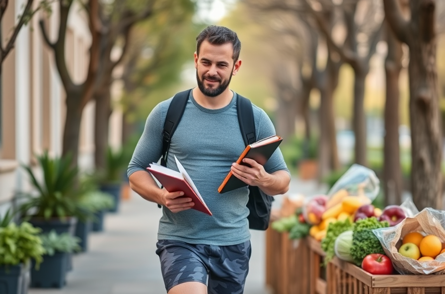 a man in workout clothes walks with a journal and fresh groceries lifestyle change weight loss