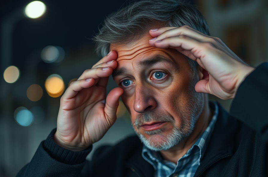 a middle aged man rubbing his eyes while struggling to see peripheral objects at night