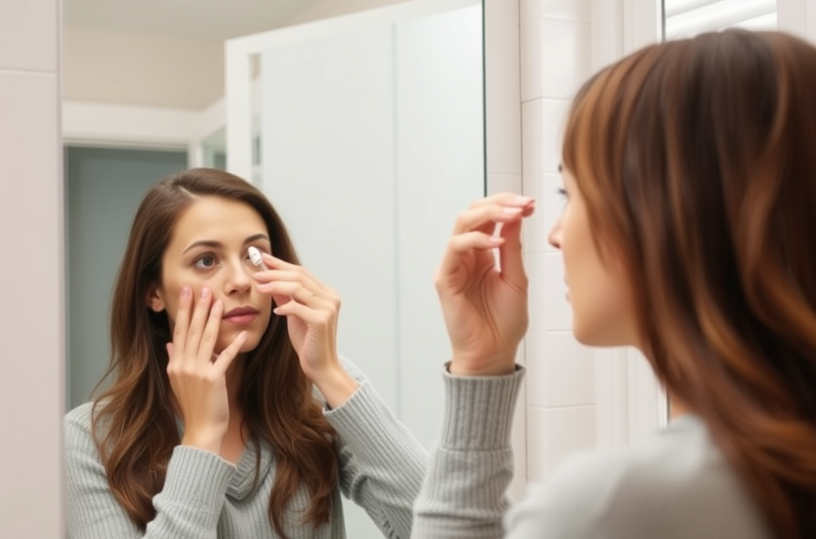a woman applying glaucoma eye drops carefully while standing in front of her bathroom mirror