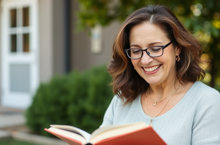 a smiling woman reads a book outdoors after successful cataract removal and improved vision