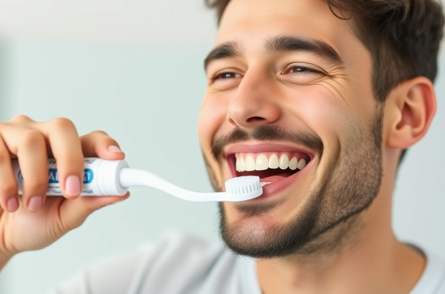 a smiling man brushing teeth with fluoride toothpaste showing improved dental health and prevention habits