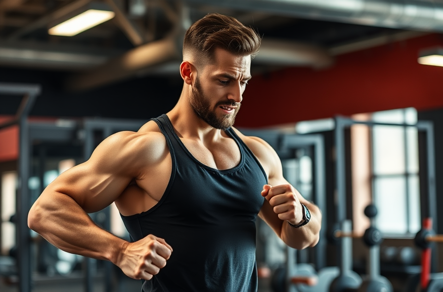 a man does high intensity interval training in a gym sweating during a weight loss workout plan
